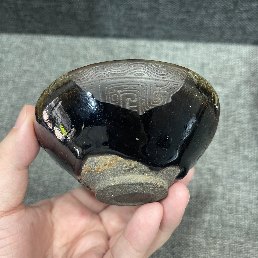 Song Dynasty black-glazed porcelain, lacquer carving, tin carving, stemmed Jian cup