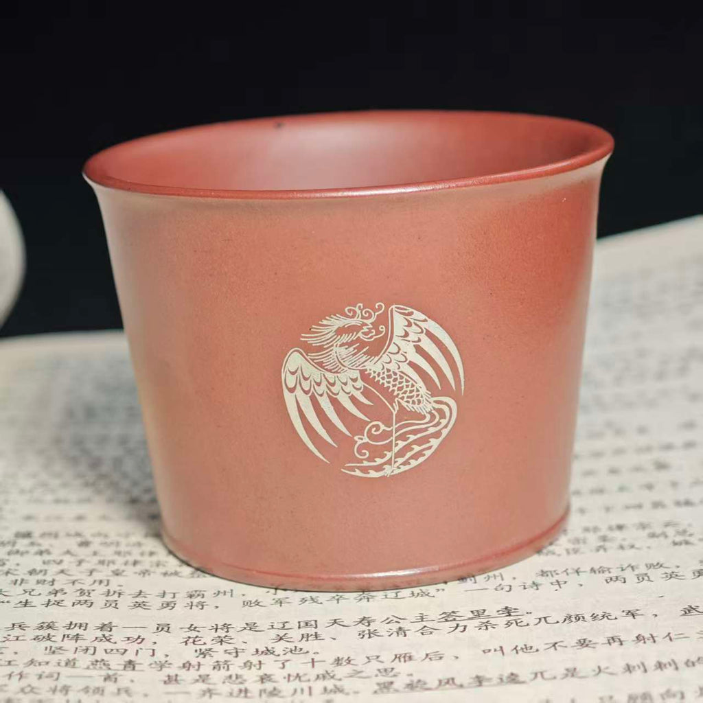 Four Divine Beast Phoenix Pattern Purple Clay Engraved with Gold and Silver Decorations Tea Cup