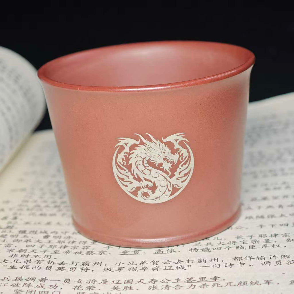 Four Divine Beast Dragon Pattern Purple Clay Engraved with Gold and Silver Decorations Tea Cup
