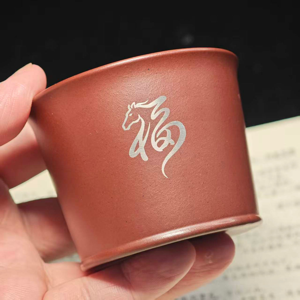 Seal script horse pattern purple clay inlaid gold and silver engraved tea cup