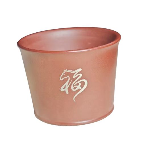 Seal script horse pattern purple clay inlaid gold and silver engraved tea cup