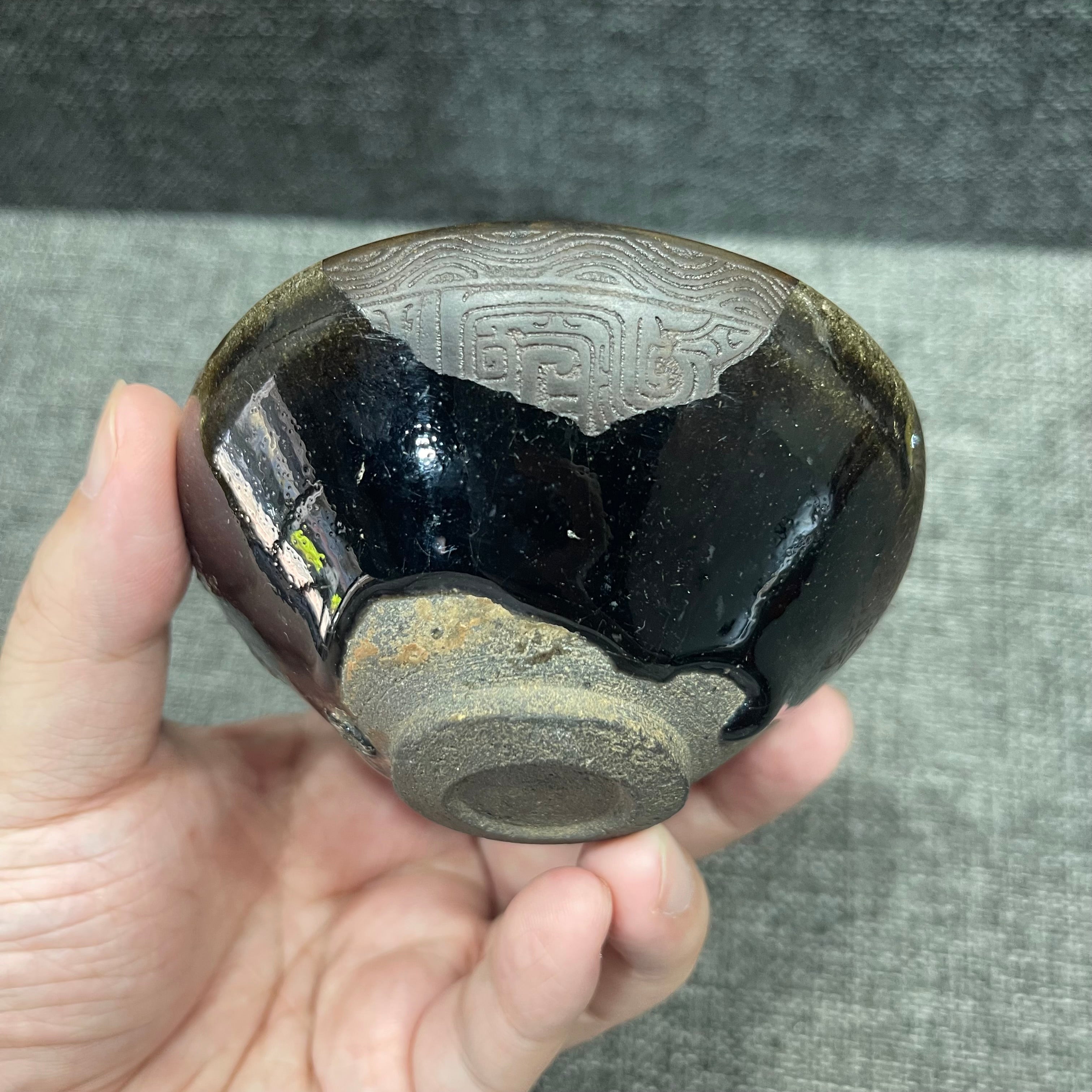 Song Dynasty black-glazed porcelain, lacquer carving, tin carving, stemmed Jian cup