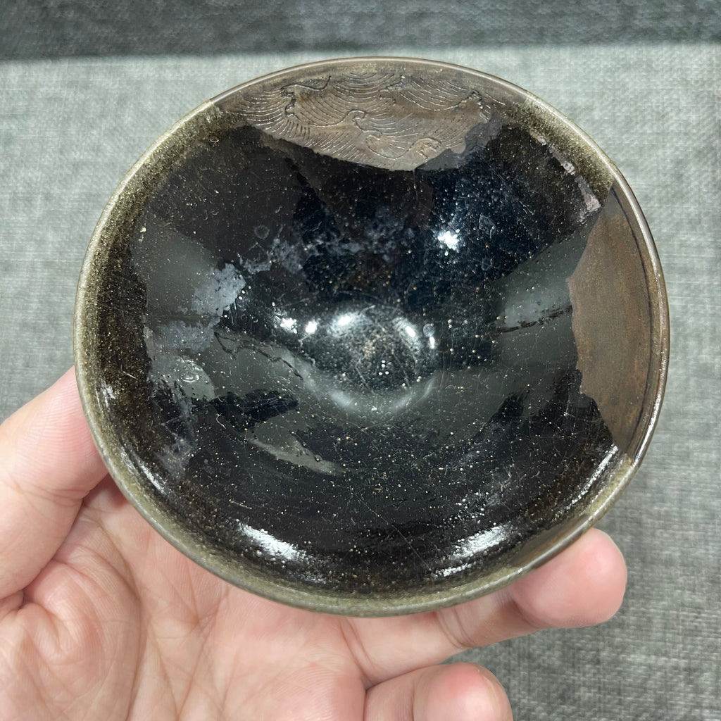 Song Dynasty black-glazed porcelain, lacquer carving, tin carving, stemmed Jian cup
