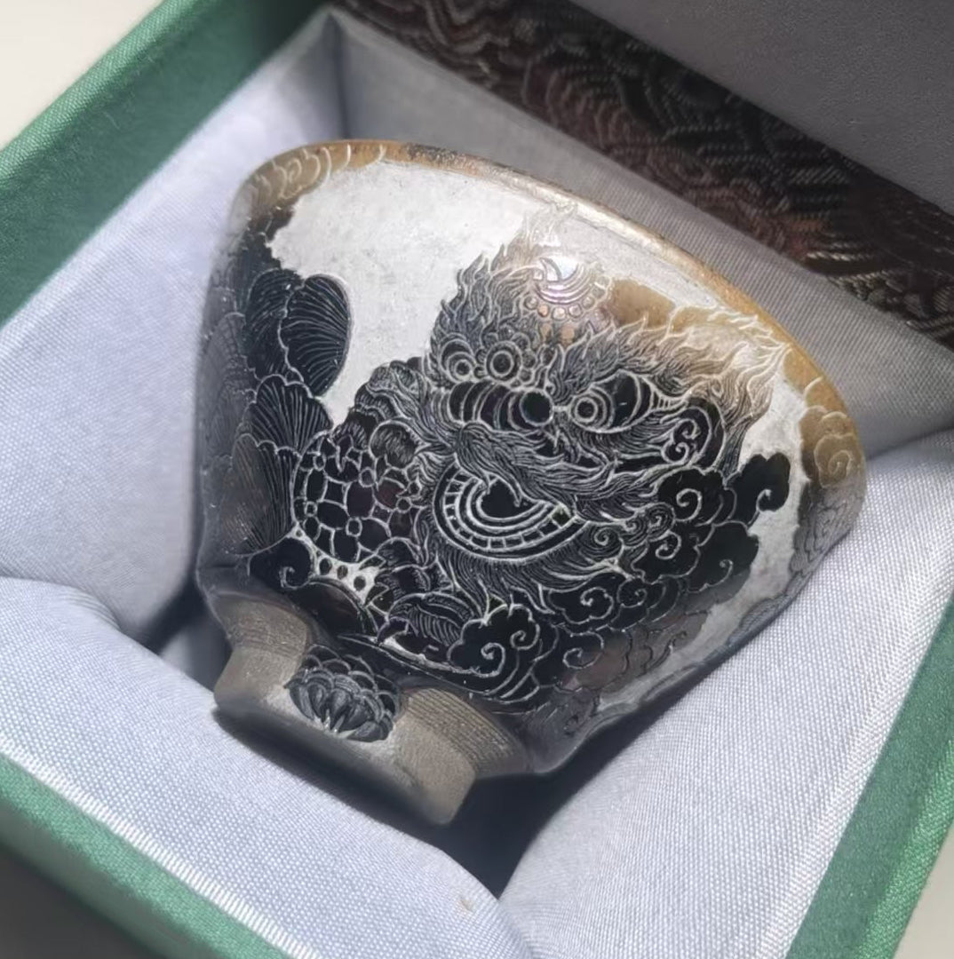 Cute dancing lion Jianzhan tea cup, hand-carved