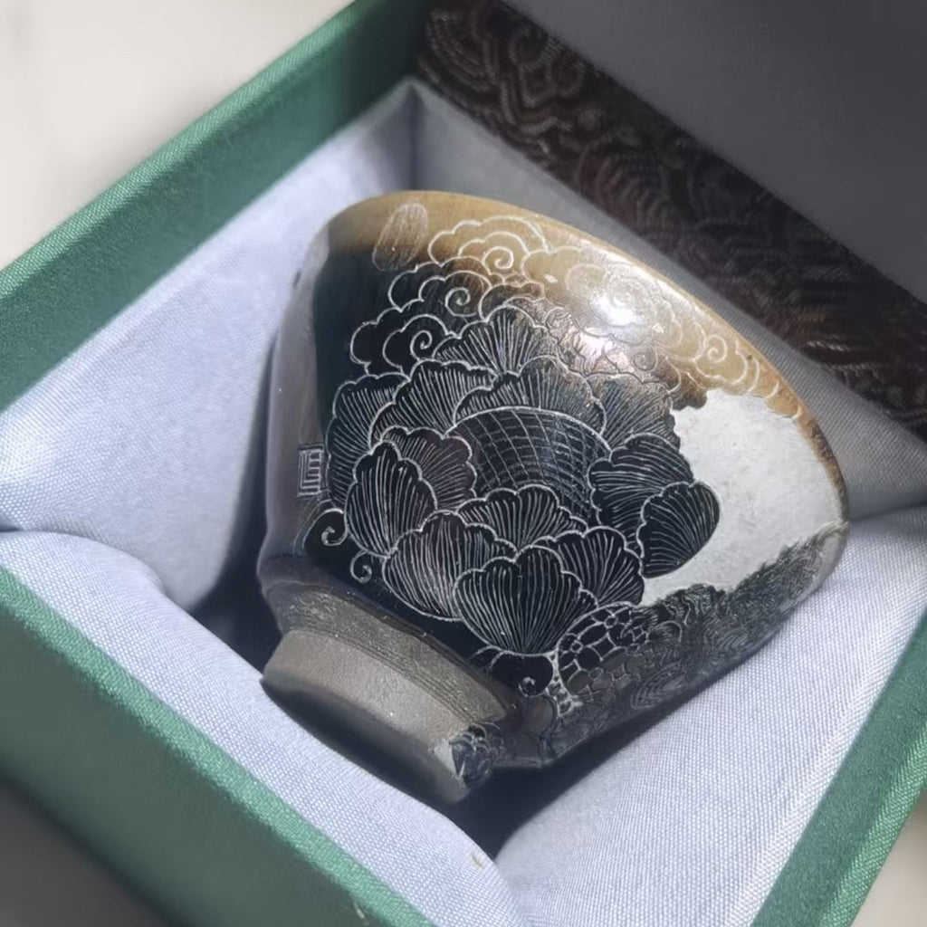 Cute dancing lion Jianzhan tea cup, hand-carved
