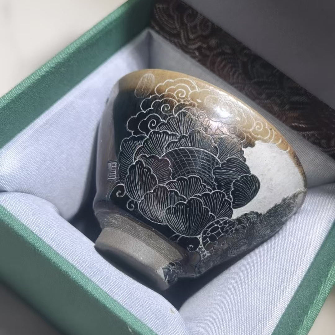 Cute dancing lion Jianzhan tea cup, hand-carved