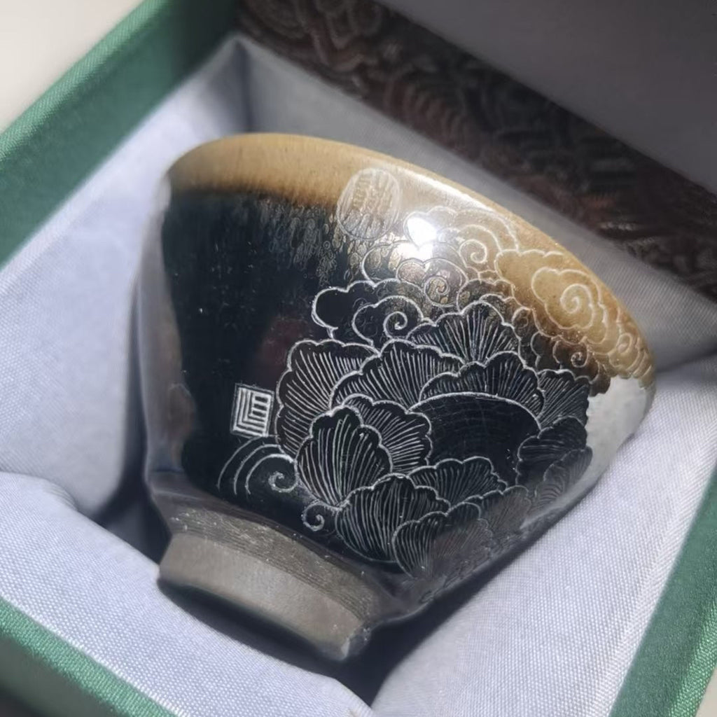 Cute dancing lion Jianzhan tea cup, hand-carved