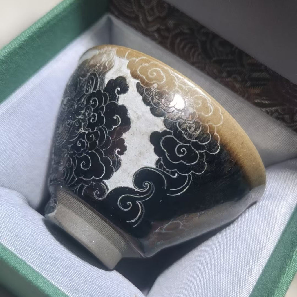 Cute dancing lion Jianzhan tea cup, hand-carved