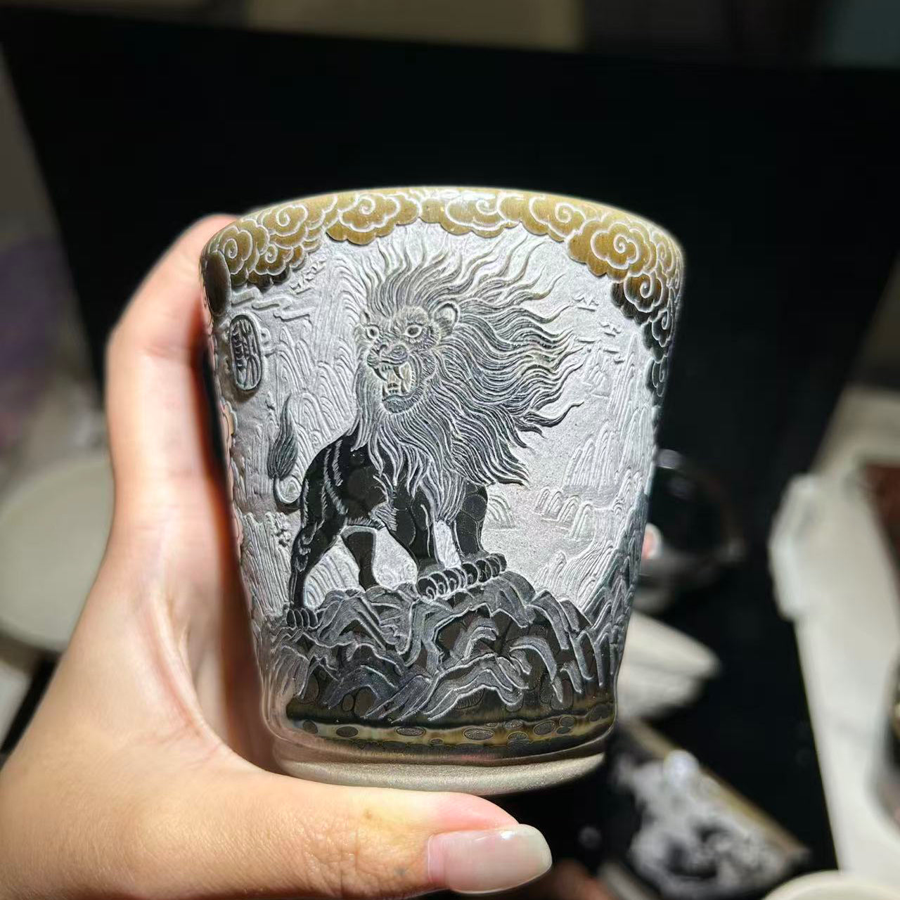 African lion, double-layer carved Jianzhan teacup