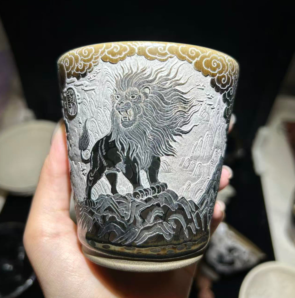 African lion, double-layer carved Jianzhan teacup