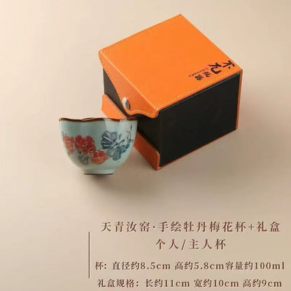 New in-glaze azure Ru kiln hand-painted peony plum cup ceramic teacup