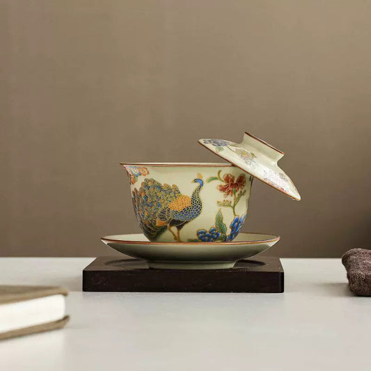 Ru kiln three talents cover bowl peacock open screen three talents cover bowl can hover and rotate Chinese high-end cover bowl