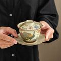 Ru kiln three talents cover bowl peacock open screen three talents cover bowl can hover and rotate Chinese high-end cover bowl