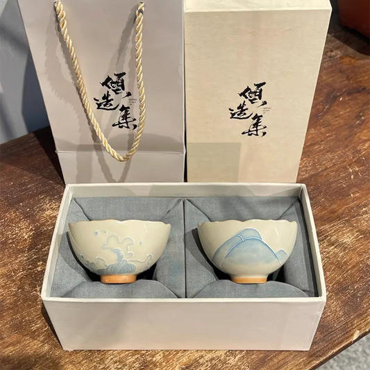 Hand-painted flower-mouth cup, Chinese household ceramic tea cup, pair cup gift outfit