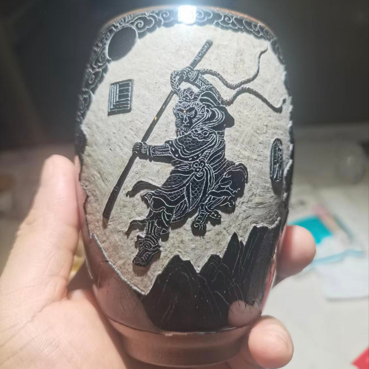 Monkey King the Monkey King, black glazed carved teacup.