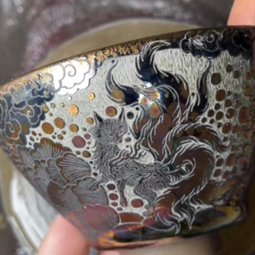 Custom design with nine-tailed fox pattern, carved design on Jianzhan tea cups