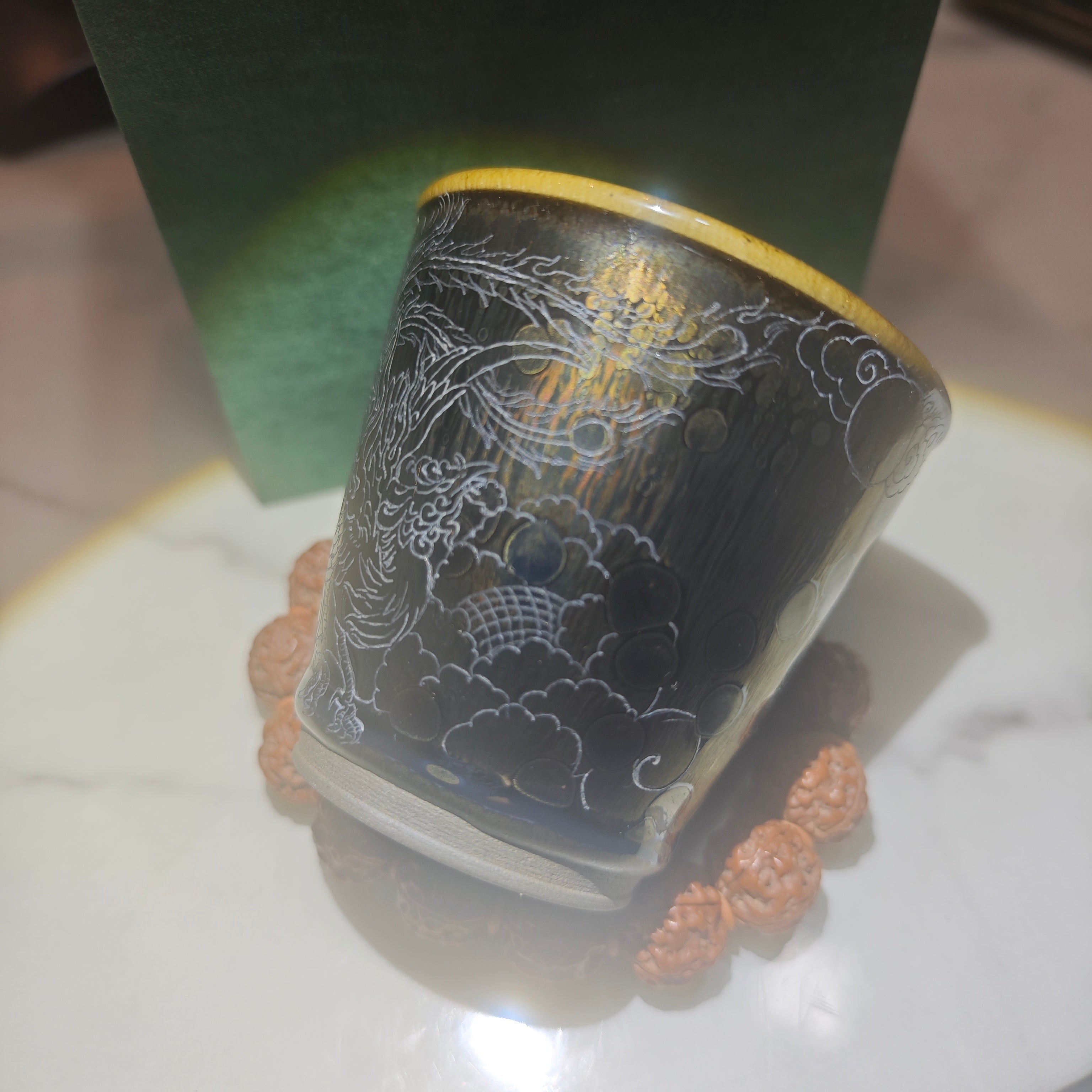 Phoenix carved teacup, hand-carved Jianzhan cola cup
