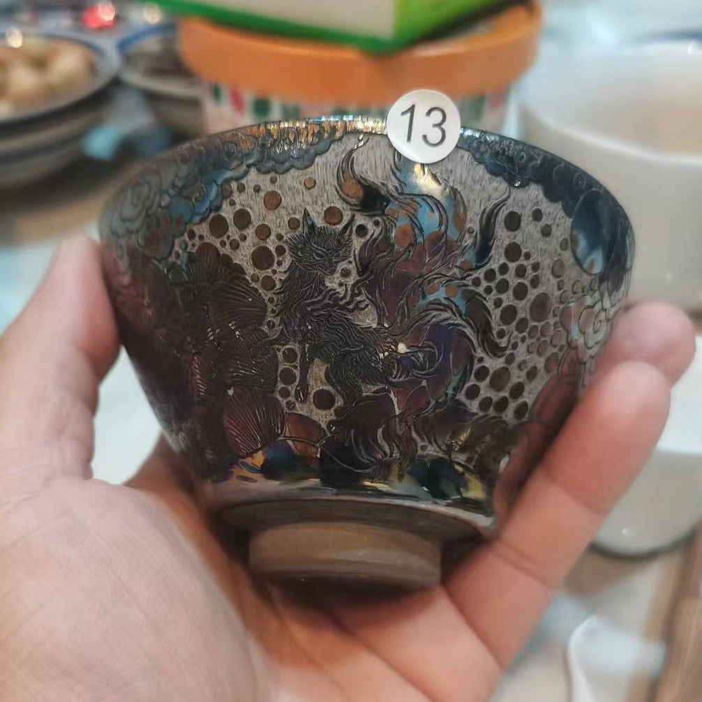 Custom design with nine-tailed fox pattern, carved design on Jianzhan tea cups