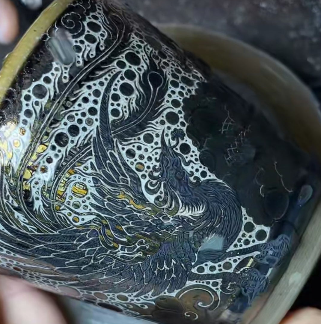 Phoenix carved teacup, hand-carved Jianzhan cola cup