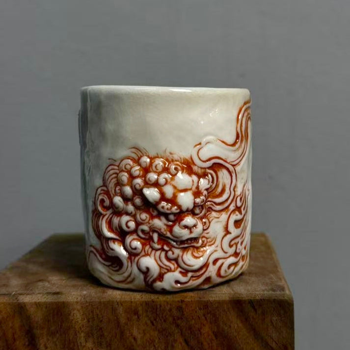 Pixiu, the Chinese lion, hand-carved fire-baked teacup