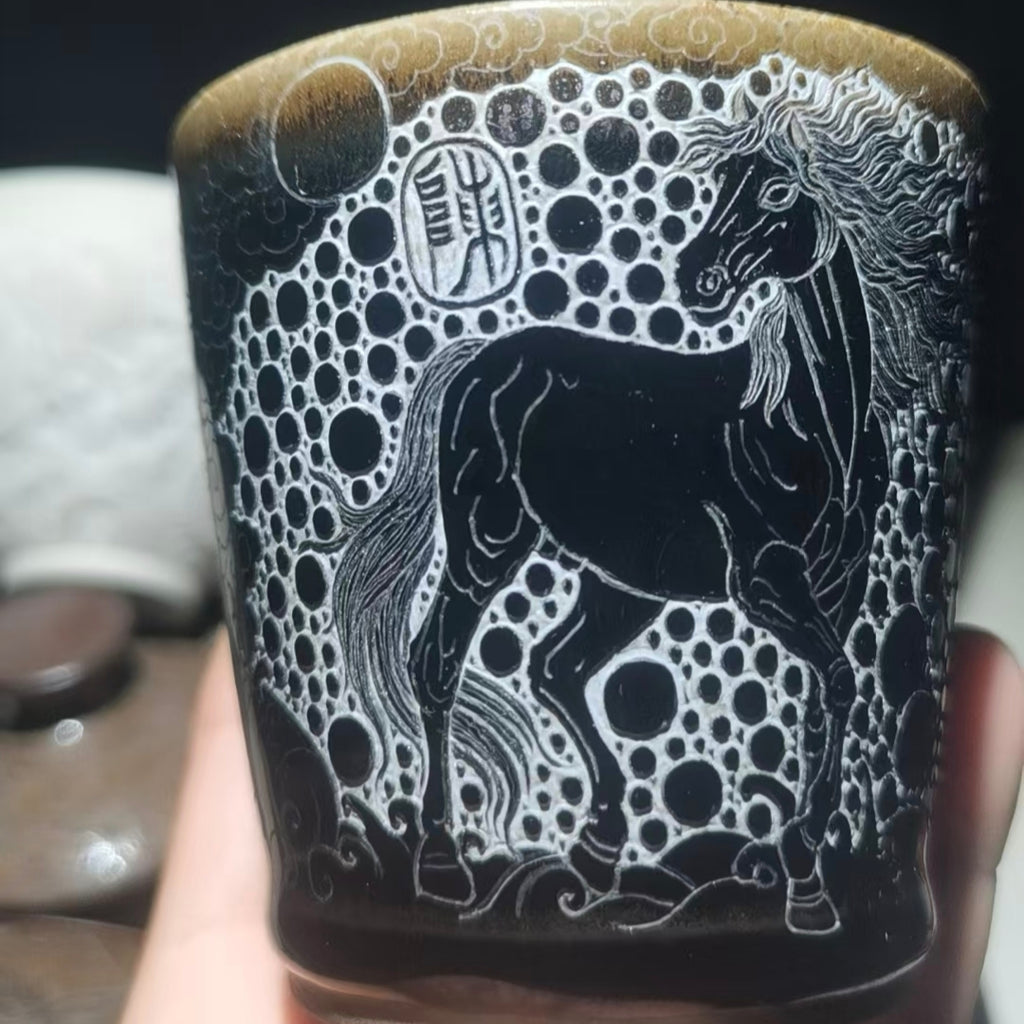 A magnificent steed, hand-carved Jianzhan tea cup