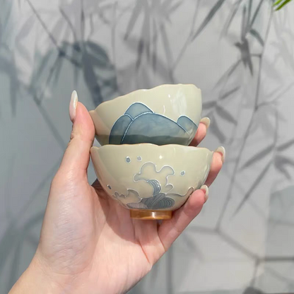 Hand-painted flower-mouth cup, Chinese household ceramic tea cup, pair cup gift outfit